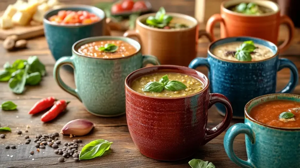 Assorted soups in colorful mugs with fresh ingredients.