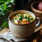 Cozy ceramic mug of chicken noodle soup with herbs.