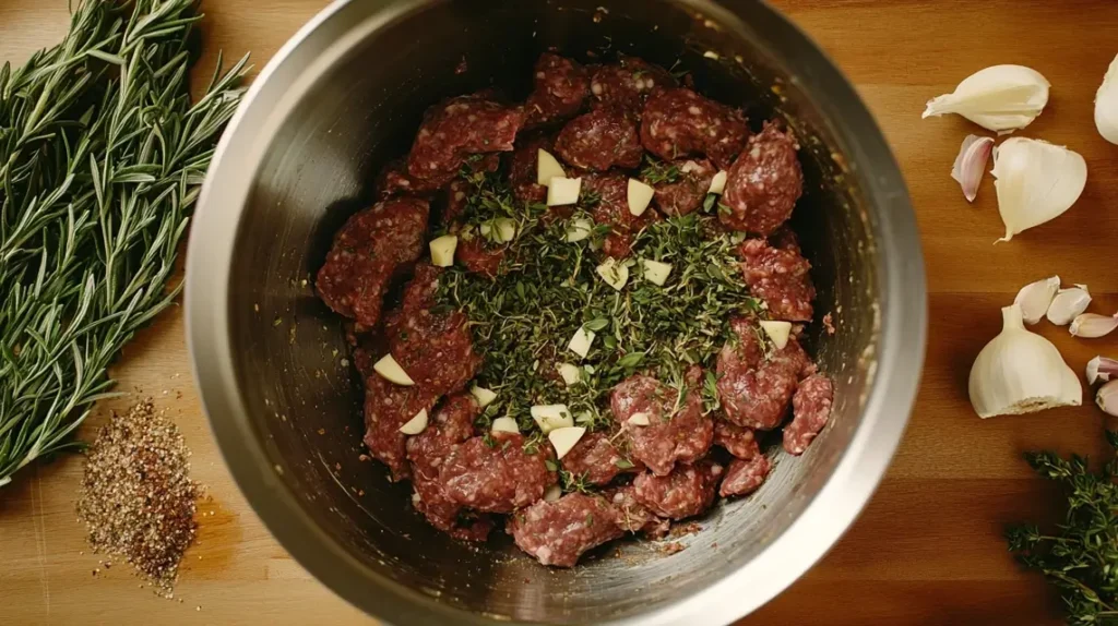 Raw venison sausage mixture with herbs and spices.