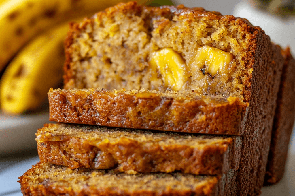 Freshly baked pineapple banana bread on a wooden board