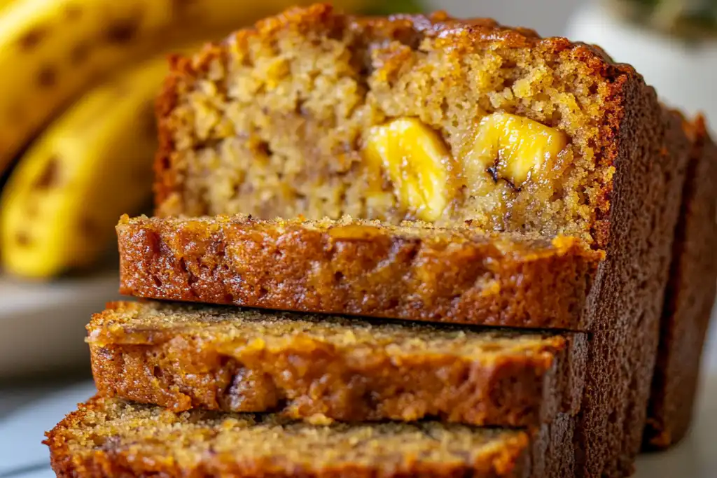 Freshly baked pineapple banana bread on a wooden board