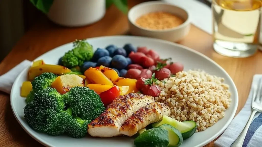 Healthy balanced meal with vegetables, protein, and whole grains