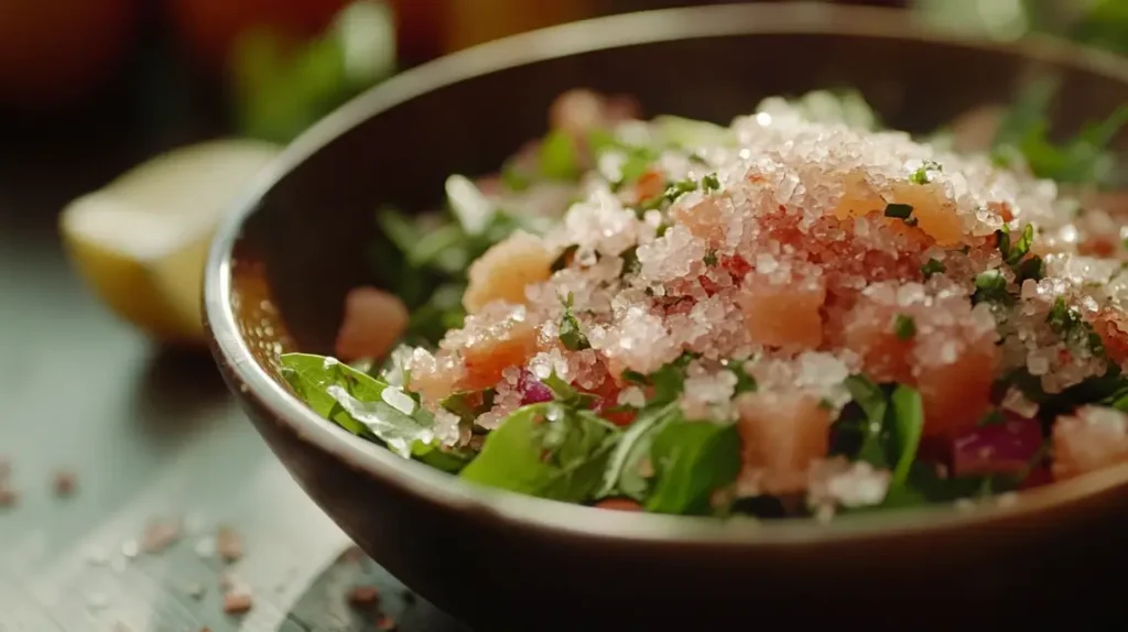  Pink salt sprinkled over a fresh salad