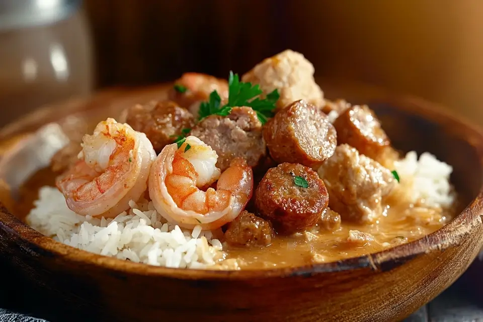 A hearty bowl of authentic Louisiana gumbo with shrimp, sausage, and chicken.