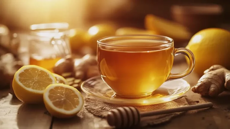 A cup of Brazilian Mounjaro Tea with lemon, ginger, and honey.