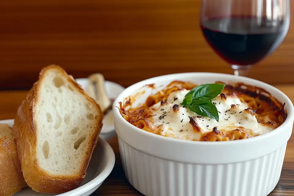 Baked ziti with melted cheese and fresh basil.