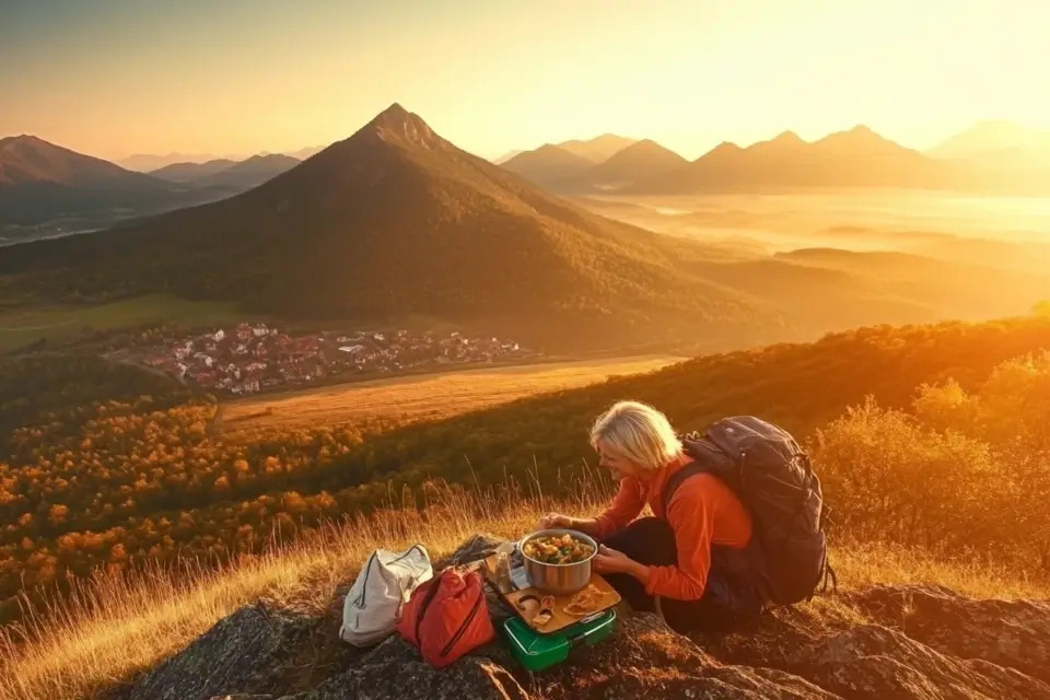 Backpacker enjoying a warm meal in the mountains at sunrise.