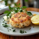 Golden brown Maryland-style crab cakes with lemon slices and parsley.