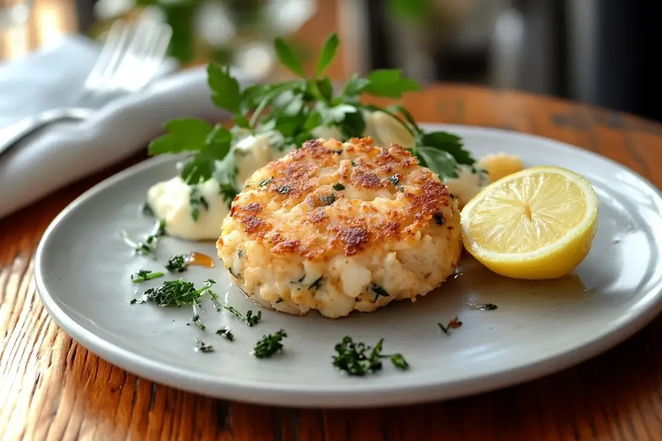 Golden brown Maryland-style crab cakes with lemon slices and parsley.