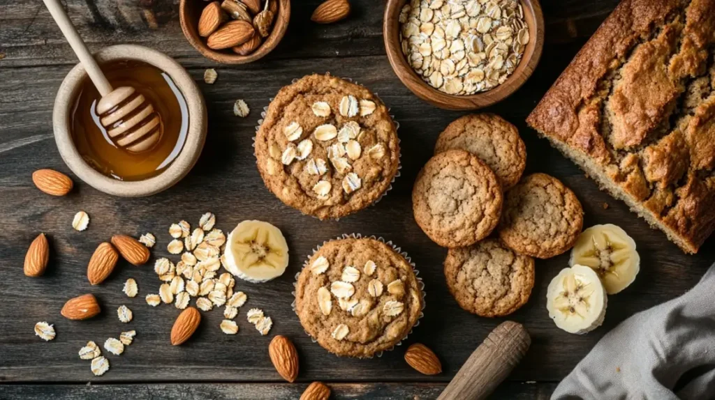 A variety of healthy baked goods, including muffins, cookies, and banana bread, on a rustic wooden table with fresh ingredients.