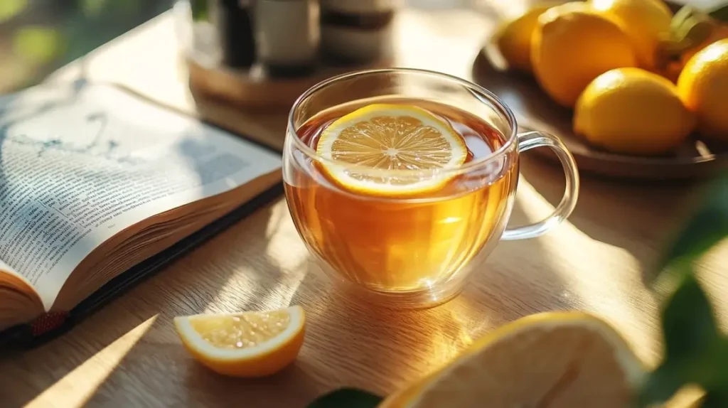 A warm cup of Brazilian Mounjaro Tea served with fresh fruits.