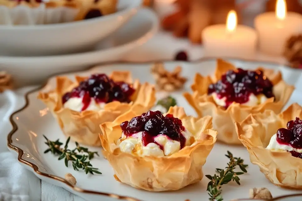 Crispy phyllo cups filled with brie cheese and cranberry sauce, served as a Thanksgiving appetizer