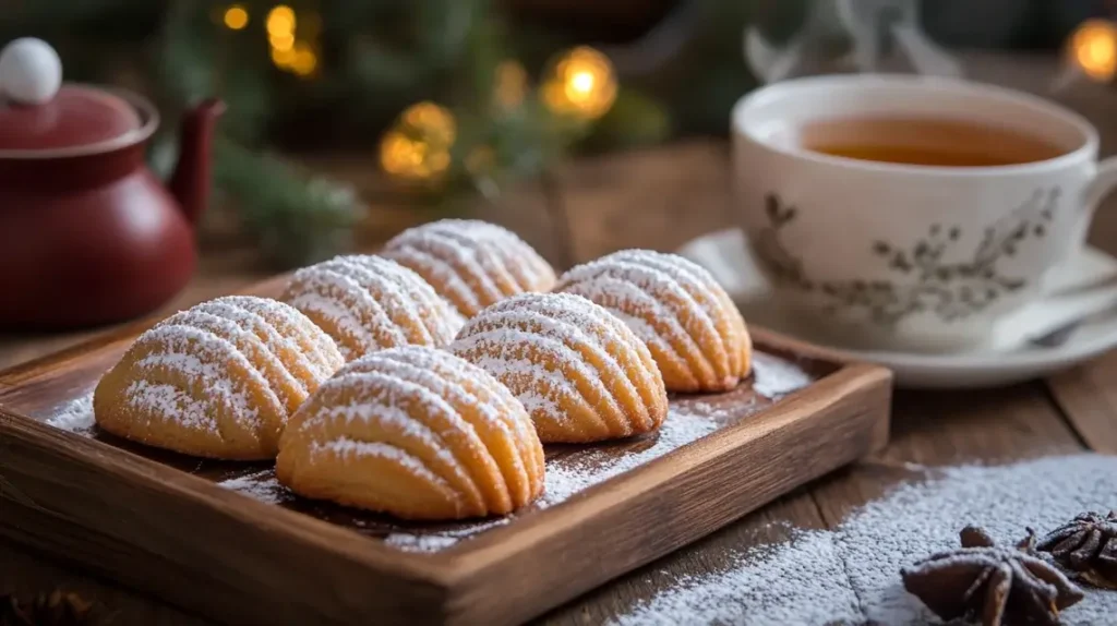Golden brown madeleine cookies on a wooden tray with tea