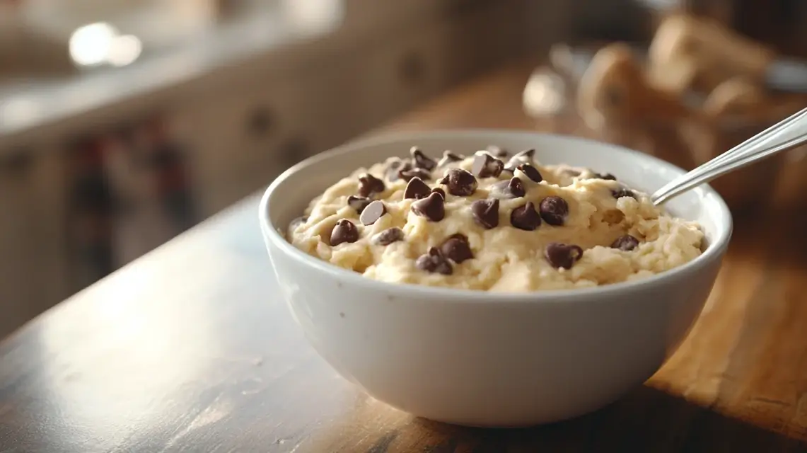 Delicious bowl of protein cookie dough with chocolate chips