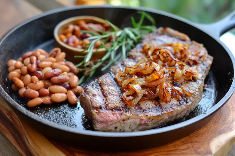 Juicy steak with caramelized onions and beans on a skillet