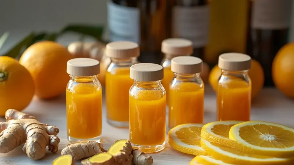 Freshly made immunity shots with ginger, turmeric, and citrus.
