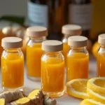 Freshly made immunity shots with ginger, turmeric, and citrus.