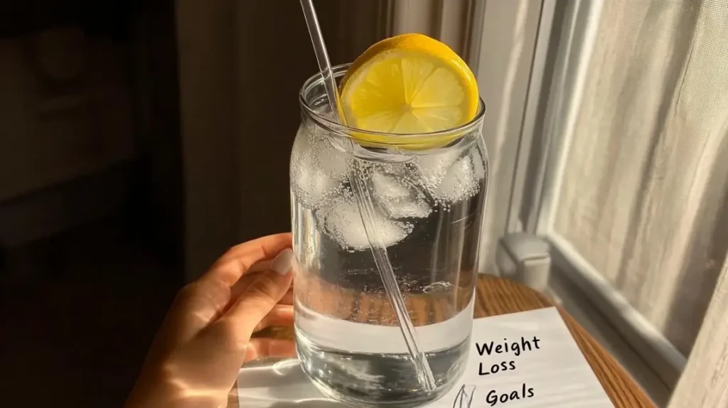 Ice water next to a weight loss goals notepad