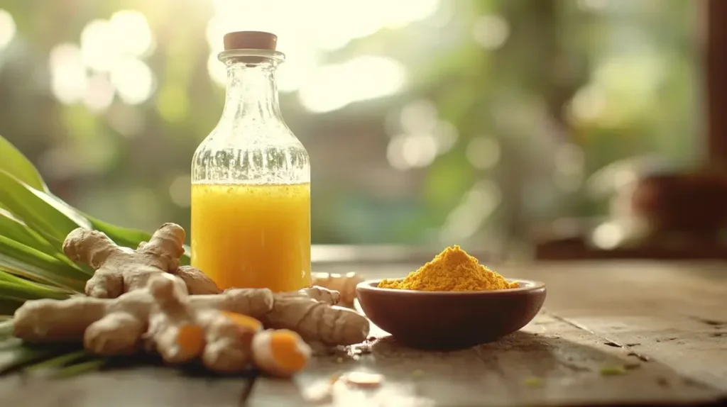 Traditional Indonesian Jamu drink with turmeric and ginger on a rustic table