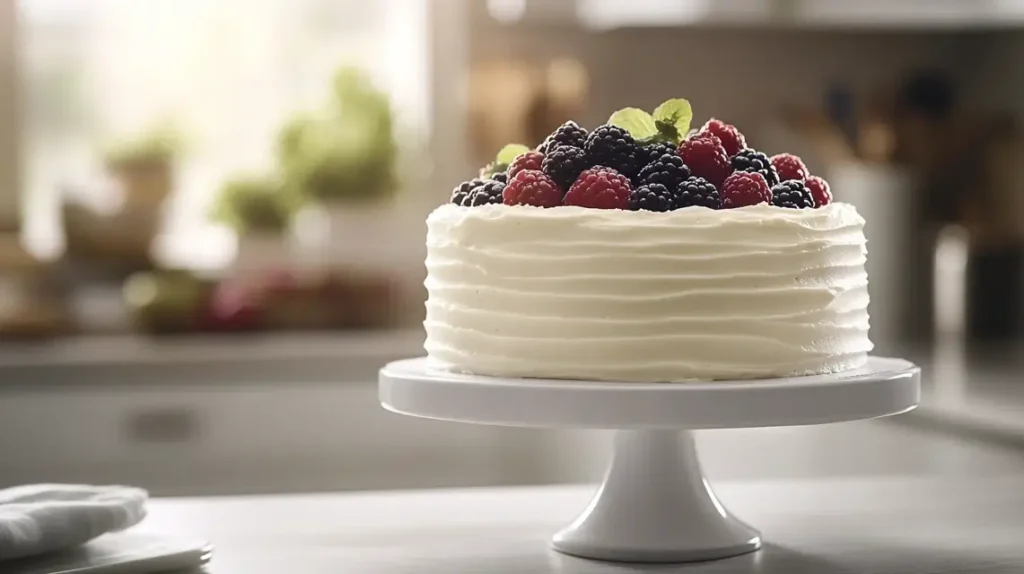 Classic vanilla cake with buttercream frosting on a cake stand.
