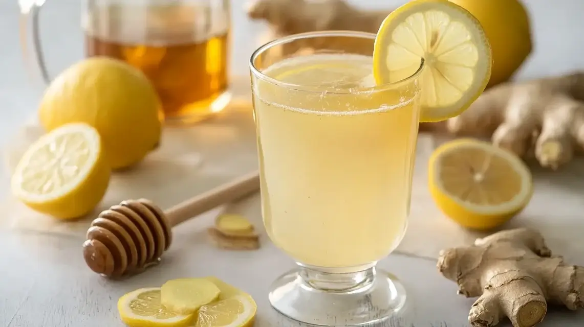 Refreshing natural Mounjaro detox drink in a glass mug with lemon and ginger.