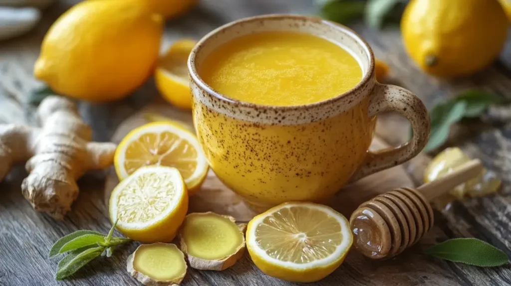 A warm cup of Natural Mounjaro Recipe weight loss drink with fresh lemons and ginger on a rustic wooden table.
