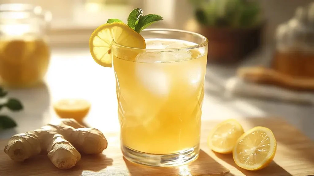 Refreshing Natural Mounjaro drink with lemon, honey, and ginger.