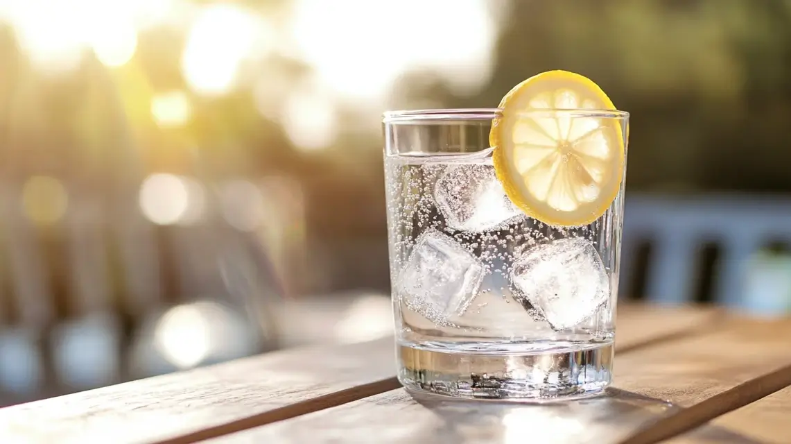 Glass of ice water with condensation and lemon slice