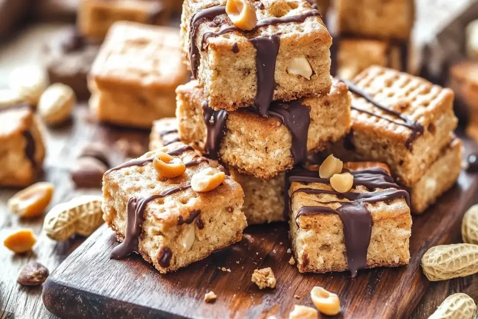 Chocolate-covered Cheez-It peanut butter snacks on a wooden board