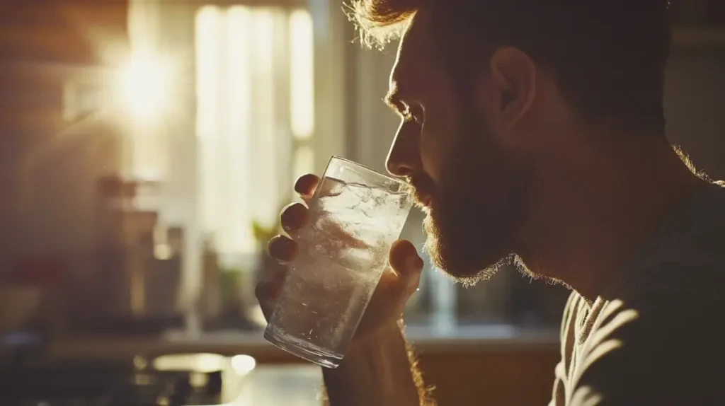 Person drinking cold water for a morning energy boost