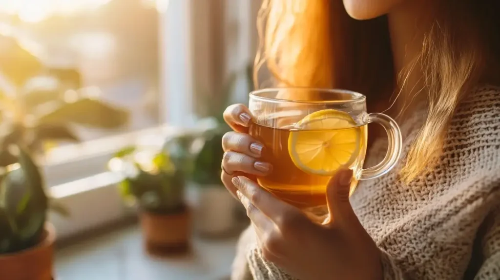 A woman holding a cup of Brazilian Mounjaro Tea in a bright kitchen.