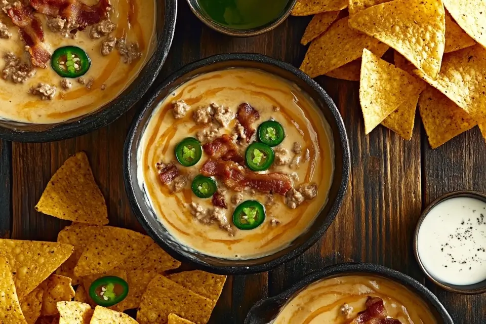 Smoky, cheesy queso dip in a cast-iron skillet with chips.