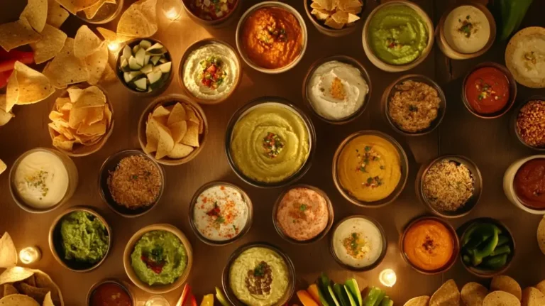 A colorful spread of party dip recipes with chips and veggies.