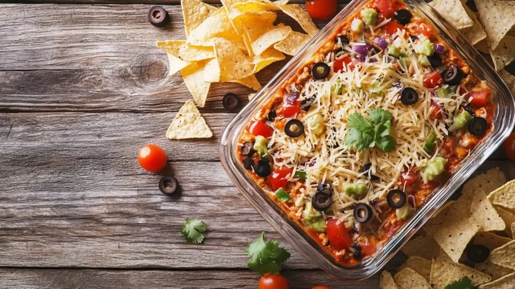 Best Taco Dip Recipe with fresh toppings and tortilla chips