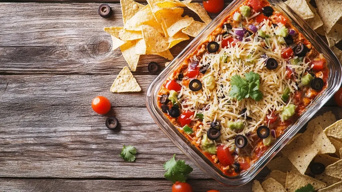 Best Taco Dip Recipe with fresh toppings and tortilla chips
