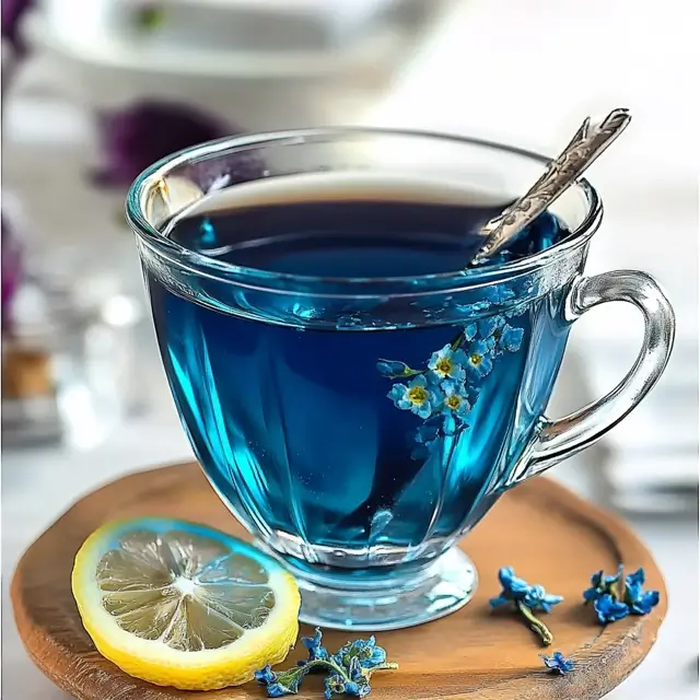 A stunning visual of Butterfly Pea Flower Tea with a lemon slice, capturing its magical color-changing effect.