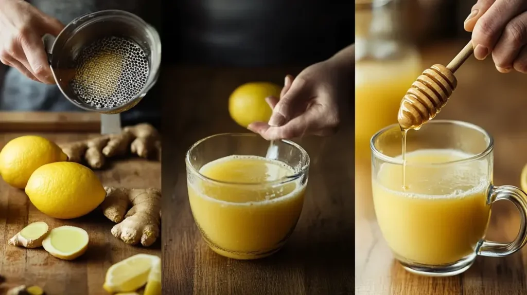A glass of natural Mounjaro recipe drink with lemon, ginger, and mint on a rustic table.