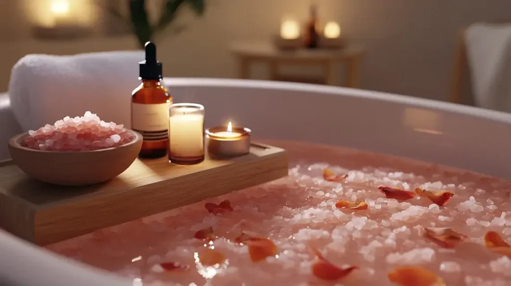 Himalayan Pink Salt Bath with Candles and Rose Petals