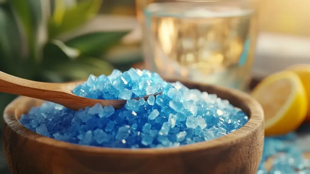 Close-up of blue salt crystals with a wooden spoon