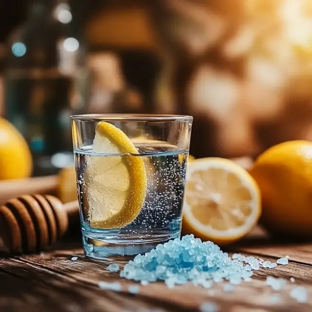 Blue salt trick drink in a glass with lemon and honey