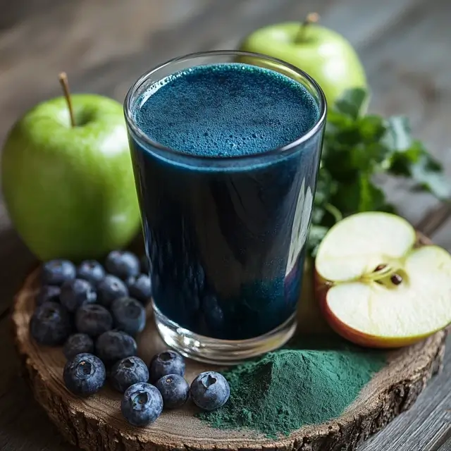 Blue superfood juice with fresh ingredients for weight loss