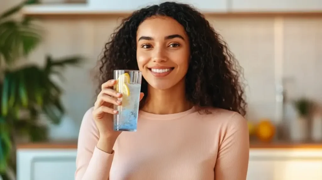 Woman drinking blue salt water for weight loss