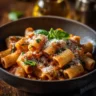 A plate of Carbone spicy rigatoni pasta with creamy sauce.