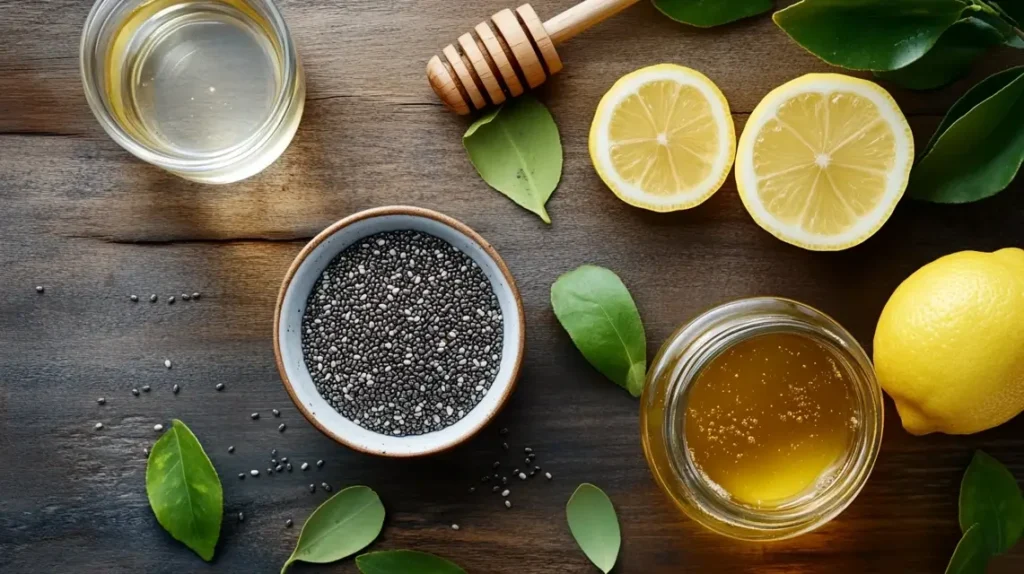 Ingredients for a chia seed drink: chia seeds, lemon, water, and honey.