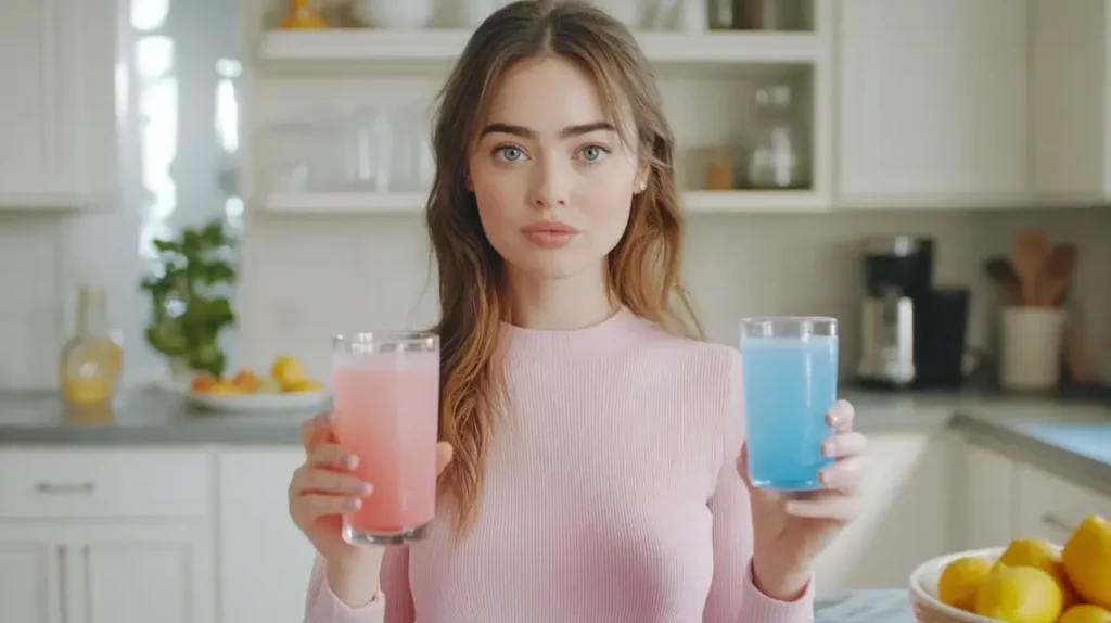 A woman comparing pink salt water and blue salt water drinks