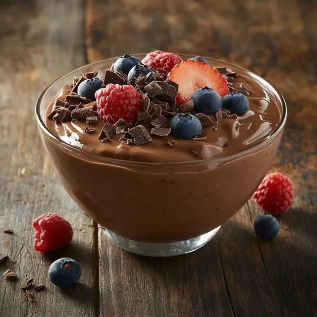 Creamy chocolate protein pudding with berries and chocolate shavings
