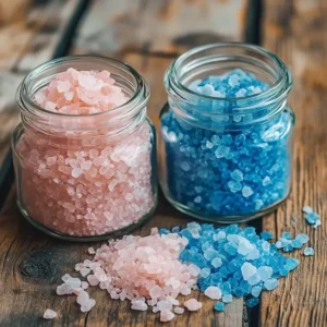 Pink Himalayan salt and Persian blue salt in glass jars.