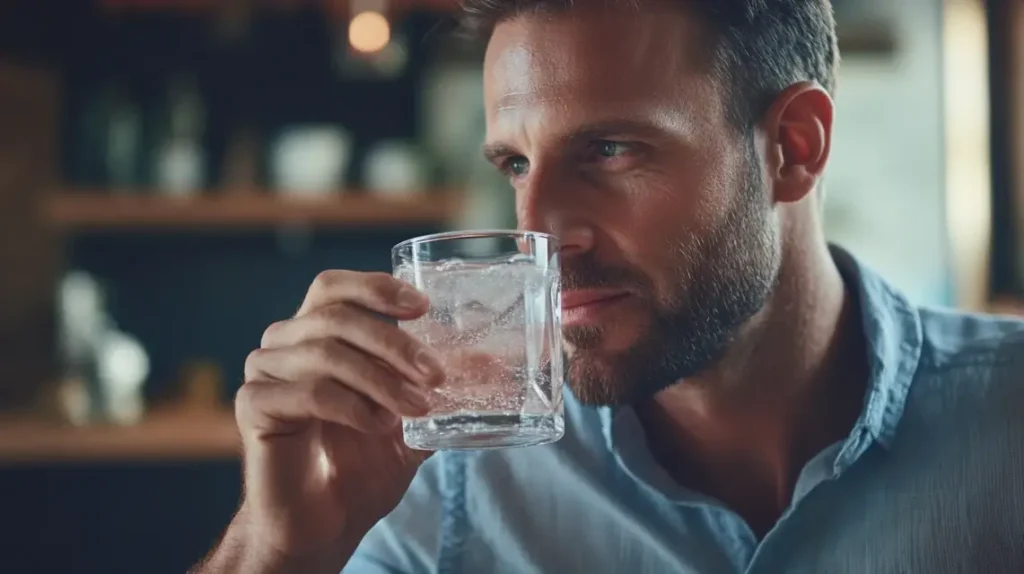 Confident man drinking salt-infused water for stamina.