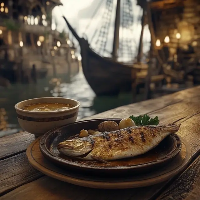 A plate of grilled fish and a bowl of soup on a wooden table.