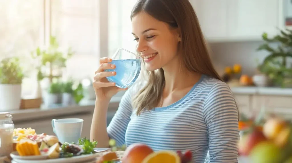  Happy woman drinking blue salt water for weight loss success